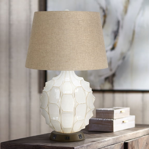 Possini Euro Design Mid Century Modern Table Lamp with USB Outlet Workstation Base 26.5" High Textured White Ceramic Drum Shade Living Room