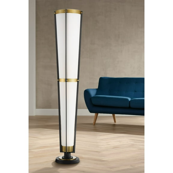 Possini Euro Design Vista Mid Century Modern Torchiere Floor Lamp 68" Tall Brass Gunmetal Gray Off White Linen Cone Shade for Living Room Bedroom Home