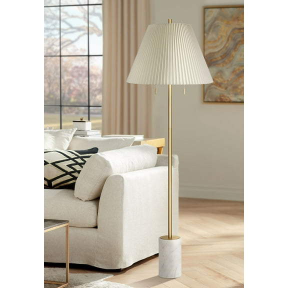 Possini Euro Design Milan Modern 66" Tall Floor Lamp Gold Metal Beige Pleated Empire Fabric Shade for Living Room Bedroom Office