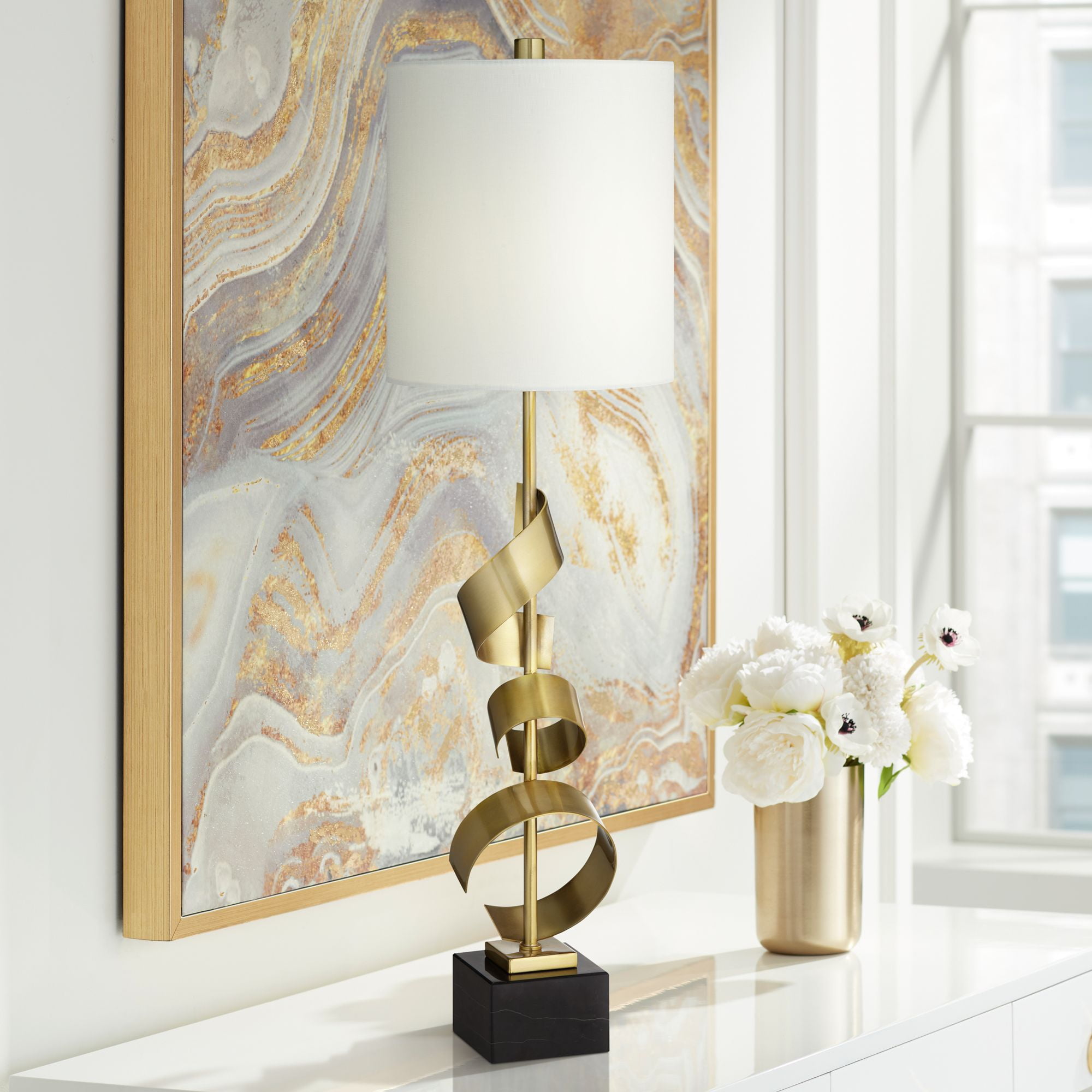 Tall Gold Sculptural Metal Table Lamp with White Fabric Shade