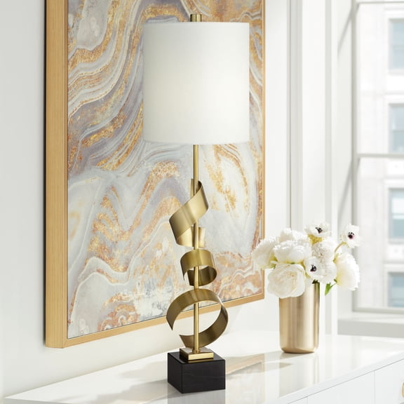 Possini Euro Design Modern Buffet Table Lamp 32" Tall Sculptural Gold Metal Scroll White Drum Shade for Bedroom Living Room Bedside Nightstand Office