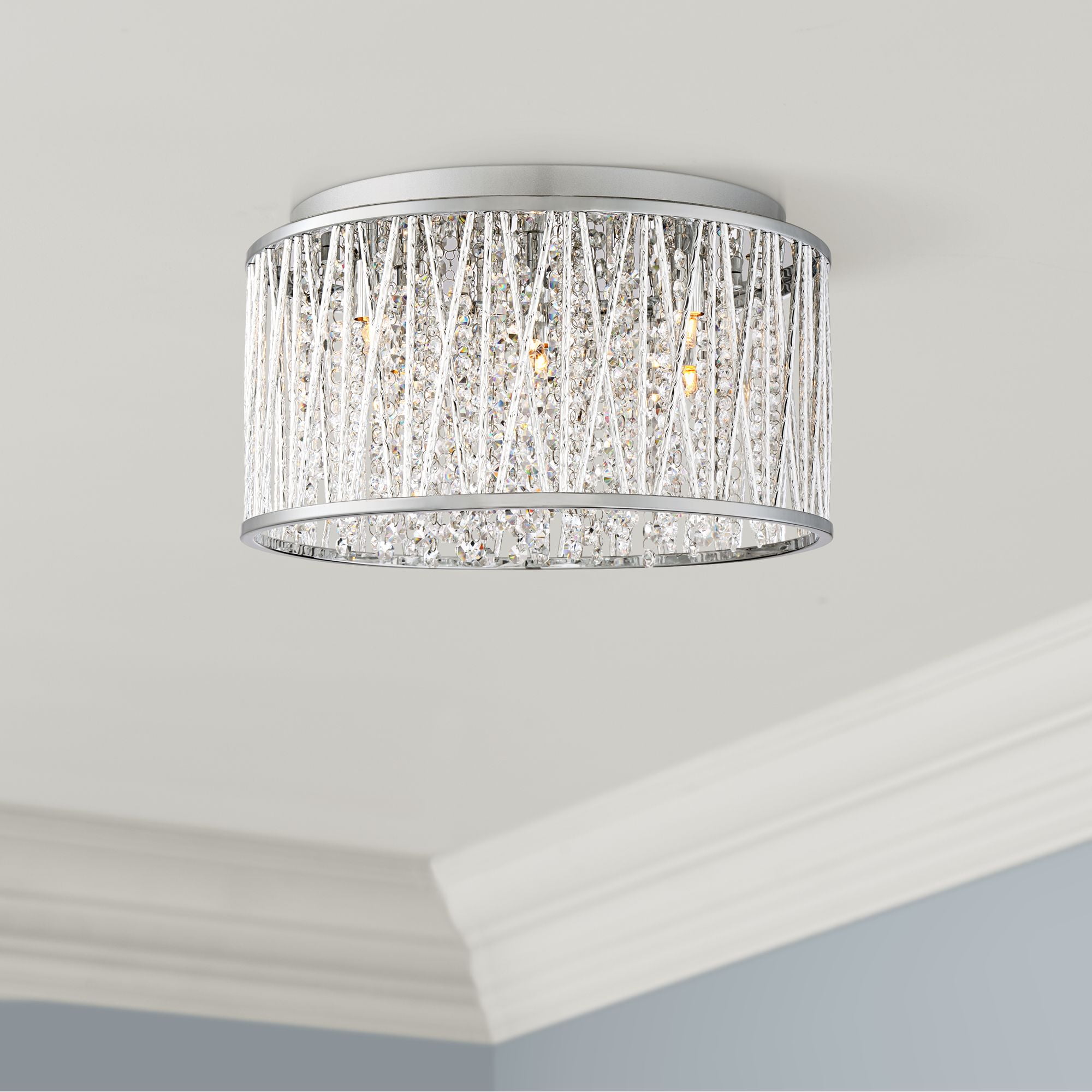 16" Chrome Crystal Drum Modern Flush Mount Ceiling Light