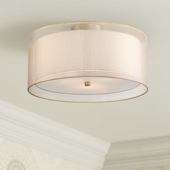 Possini Euro Design Modern Ceiling Light Semi Flush Mount Fixture 18" Wide Antique Brass 3-Light Champagne Organza Double Drum for Bedroom Kitchen
