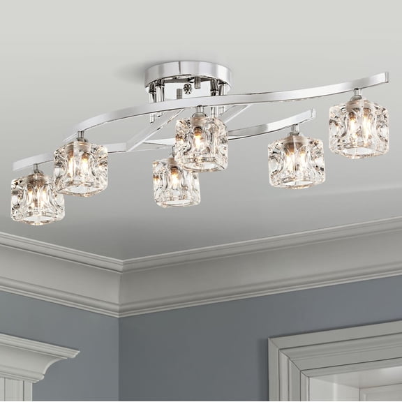 Possini Euro Design Modern Ceiling Light Semi Flush Mount Fixture 30 1/2" Wide Chrome 6-Light Clear Glass Crystal Cube Shades for Bedroom Kitchen