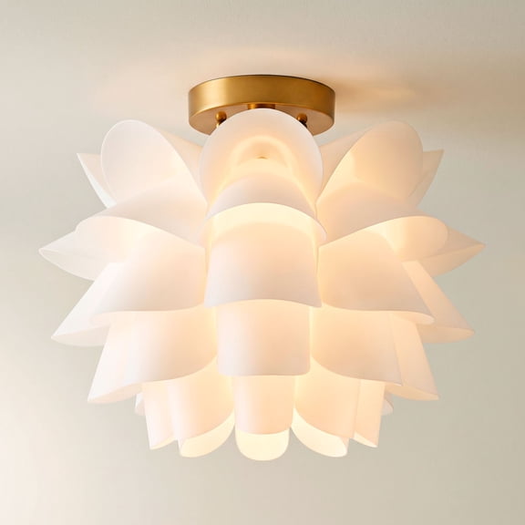 Possini Euro Design Modern Ceiling Light Semi Flush Mount Fixture White Flower Gold Metal 15 3/4" Wide Living Room Bedroom Kitchen