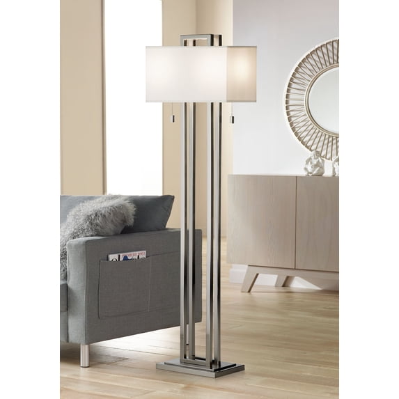 Possini Euro Design Modern Floor Lamp 62" Tall Brushed Nickel Openwork Rectangular Profile Off White Fabric Shade for Living Room Reading