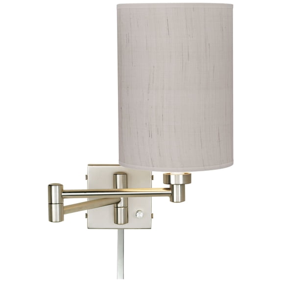 Possini Euro Design Modern Swing Arm Wall Lamp Cord Cover Brushed Nickel Plug-In Light Fixture Ivory Linen Cylinder Shade Bedroom
