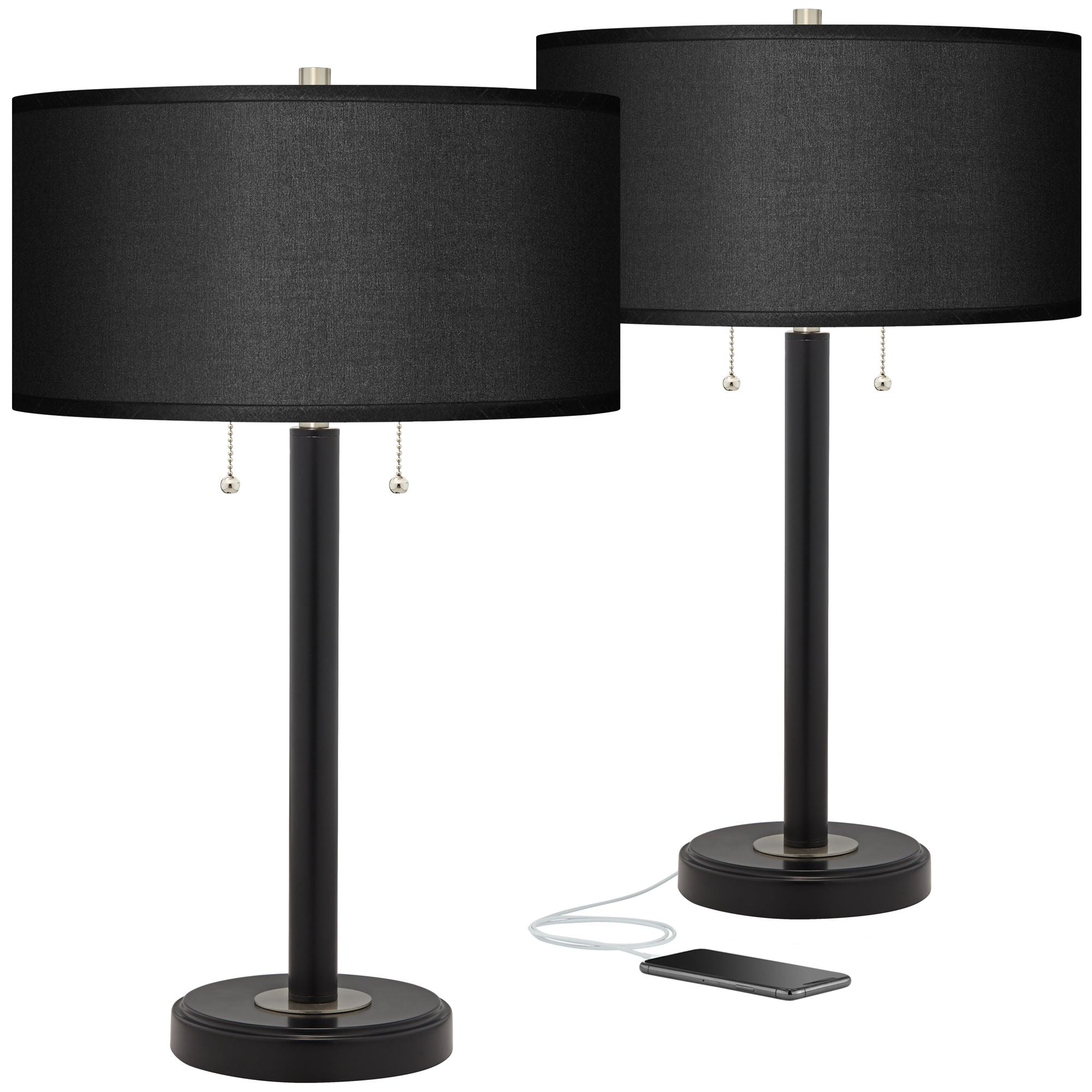 360 Lighting Camile Modern Table Lamps 25 High Set of 2 Brass Metal with  USB Charging Port Oatmeal Drum Shade for Bedroom Living Room Bedside Desk