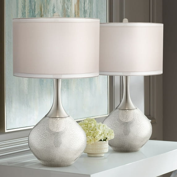 Possini Euro Design Modern Table Lamps 30.5" Tall Set of 2 Mercury Glass Chrome Twin Sheer Drum Shade for Living Room Family Bedroom Bedside