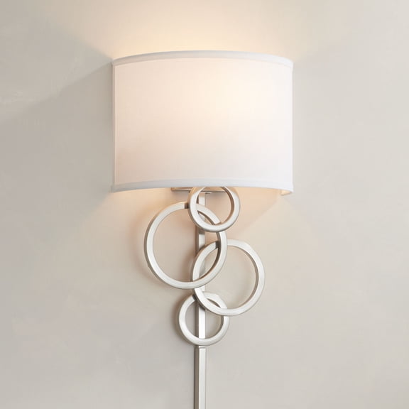 Possini Euro Design Modern Wall Lamp Brushed Nickel Plug-In 12" Fixture Cotton Half Drum Shade for Bedroom Bathroom Vanity Reading