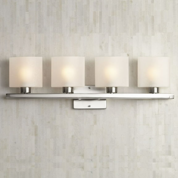 Possini Euro Design Modern Wall Light Brushed Nickel Hardwired 32" Wide 4-Light Fixture White Linen Glass Bathroom Vanity Mirror