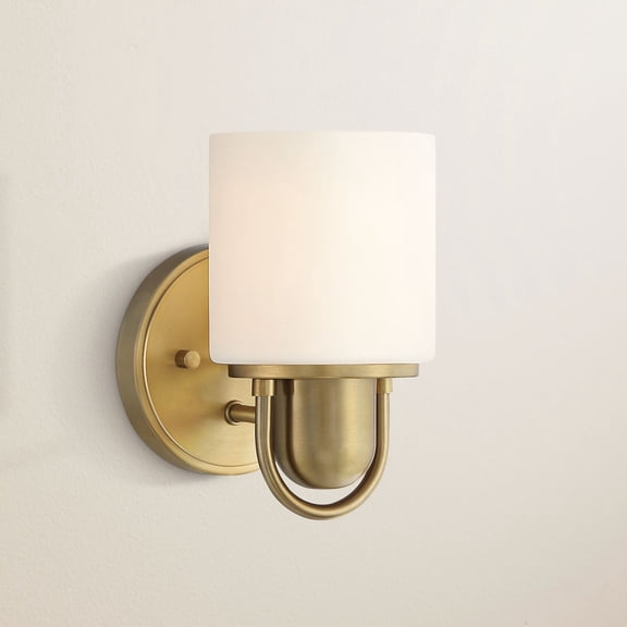 Possini Euro Design Modern Wall Light Sconce Warm Brass Hardwired 4 3/4" Fixture White Glass Shade for Bedroom Bathroom Vanity