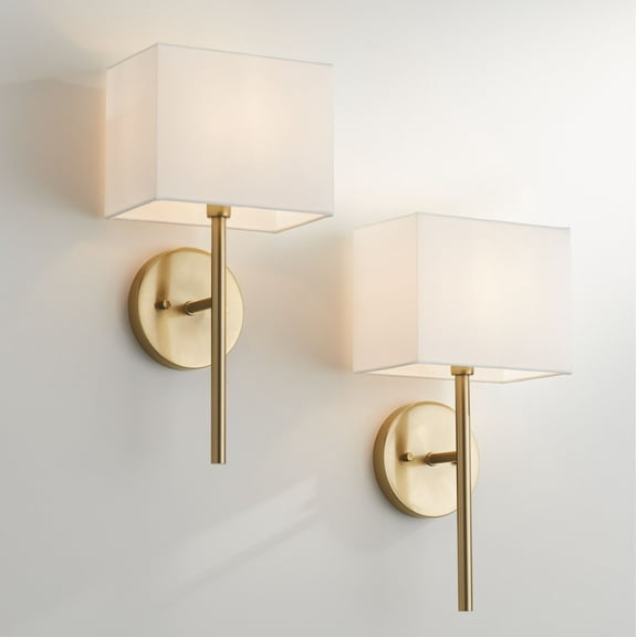 Possini Euro Design Modern Wall Light Sconces Set of 2 Warm Brass Hardwired 8" Fixture Linen Shade for Bedroom Living Room