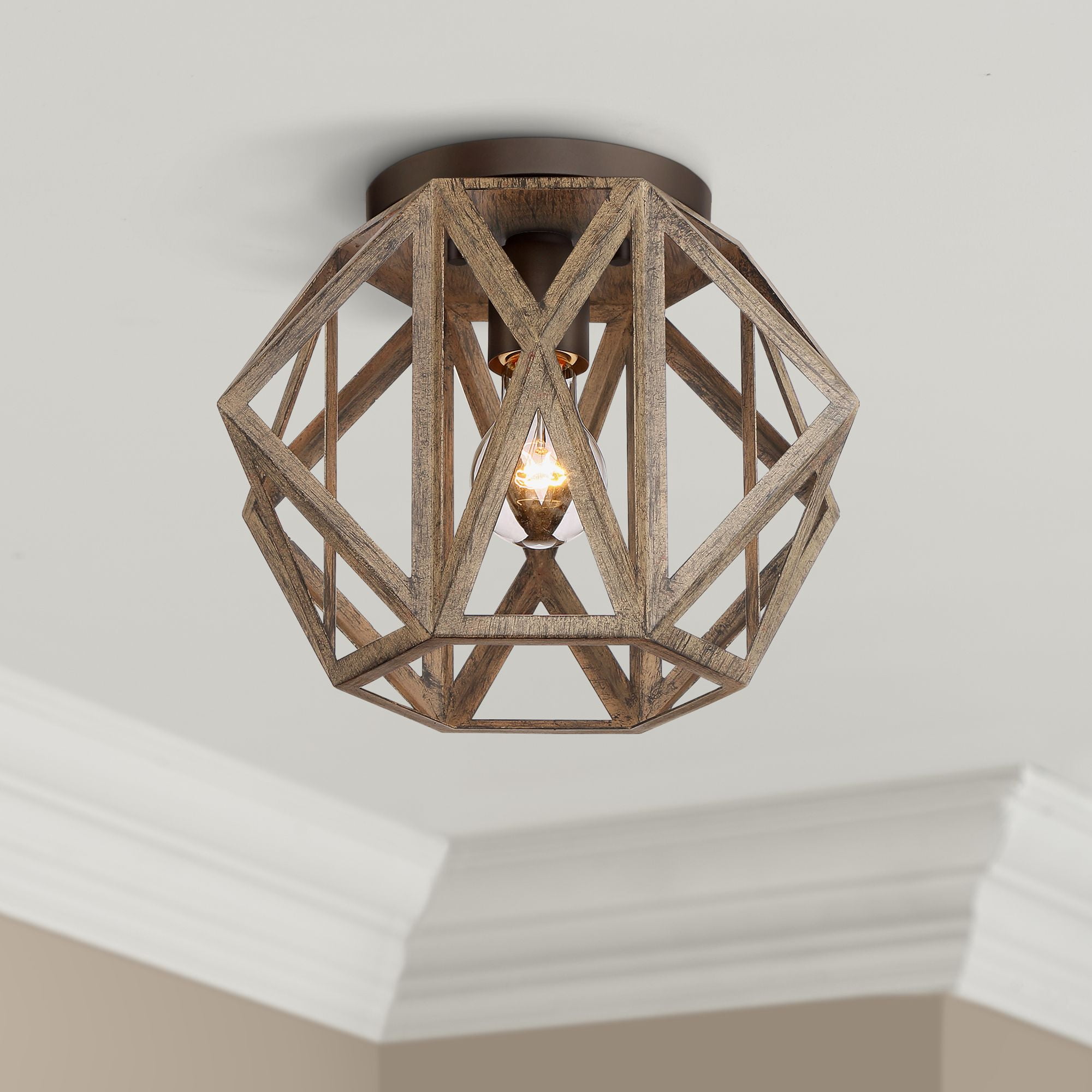 Rustic Farmhouse Bronze and Wood Ceiling Light Fixture