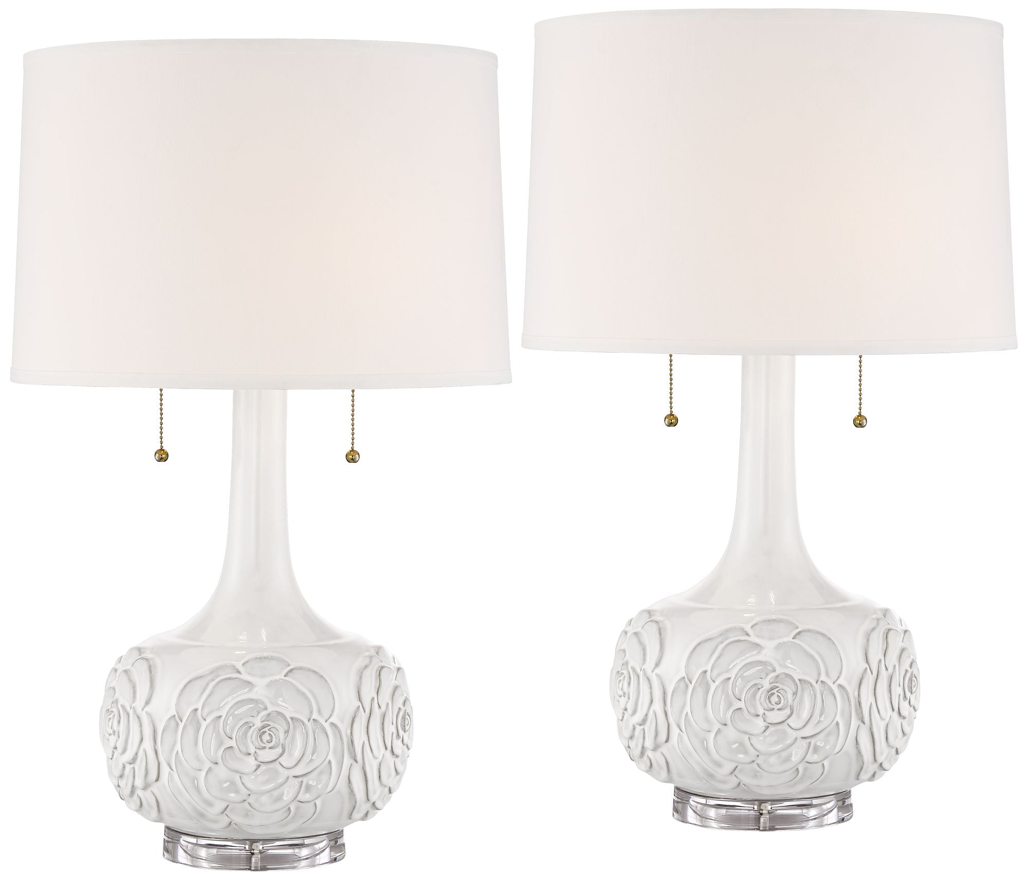 Natalia 27" Tall White Ceramic Floral Table Lamps Set with Fabric Shades