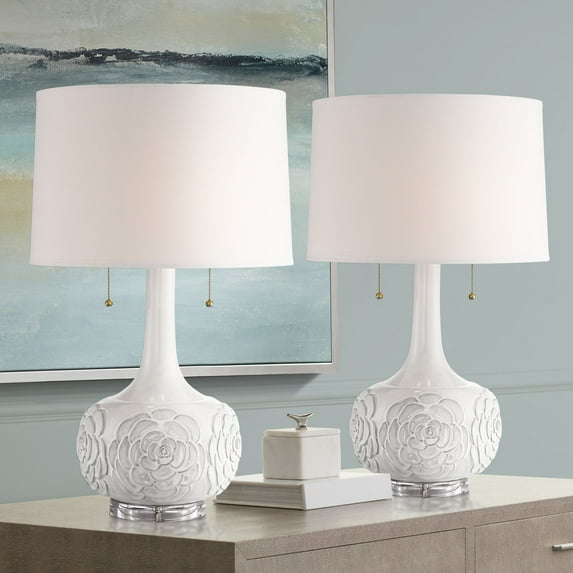 Possini Euro Design Natalia 27" Tall Modern Luxe Table Lamps Set of 2 Pull Chain White Floral Ceramic Living Room Bedroom