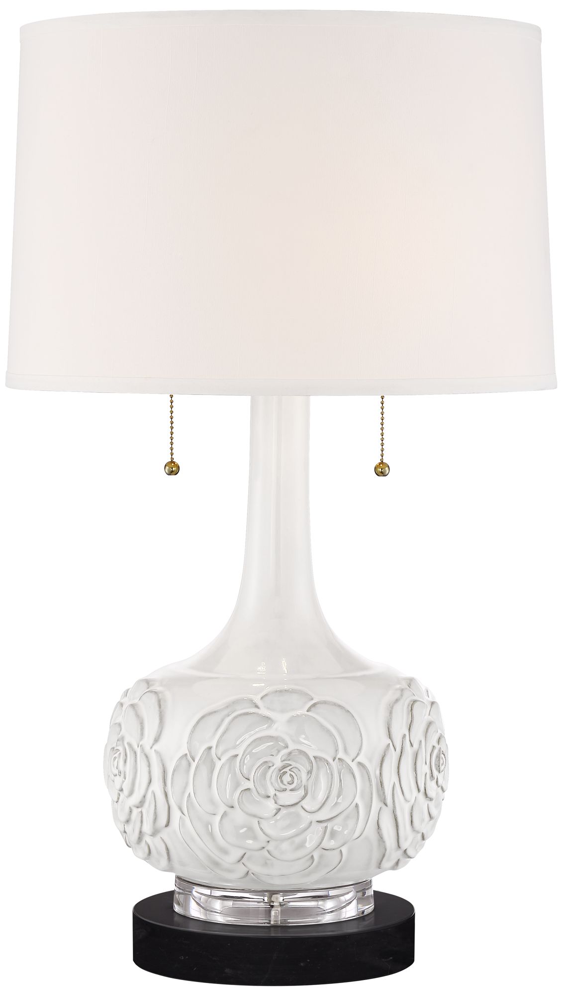 Possini Euro Design Natalia Country Cottage Table Lamp with Round Black Marble Riser 27" Tall White Floral Ceramic Drum Shade for Bedroom Living Room