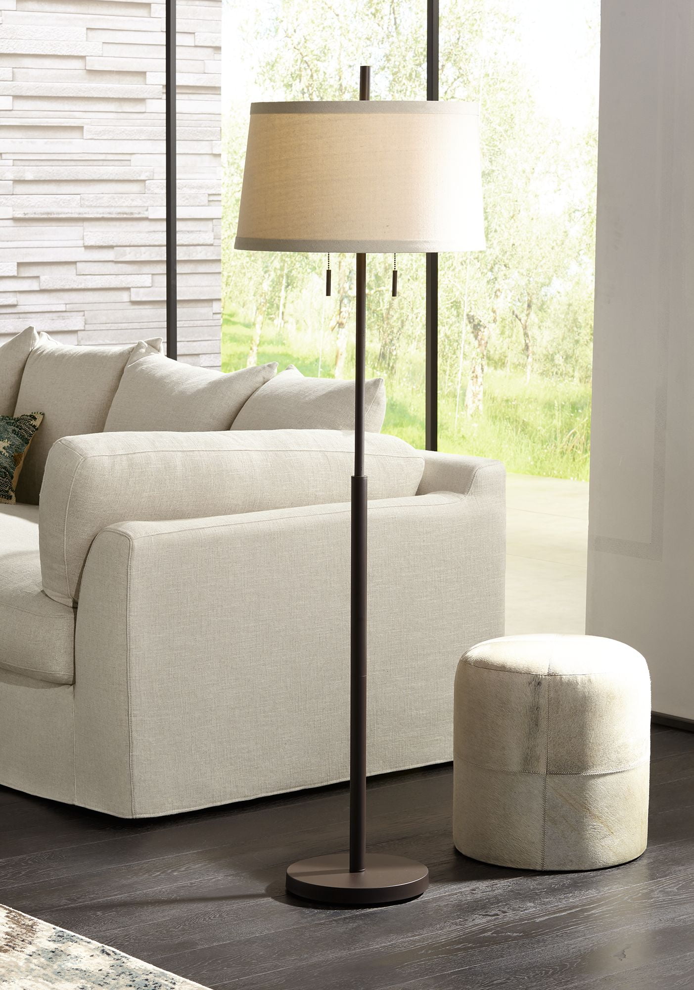 Bronze Adjustable Floor Lamp with Off-White Drum Shade