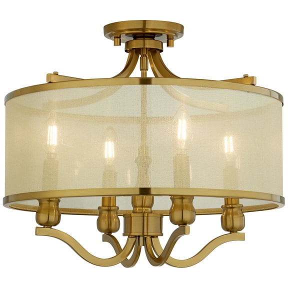 Possini Euro Design Nor Vintage Ceiling Light Semi Flush Mount Fixture 18" Wide Warm Antique Brass 4-Light Soft Gold Organza Drum Shade for Bedroom