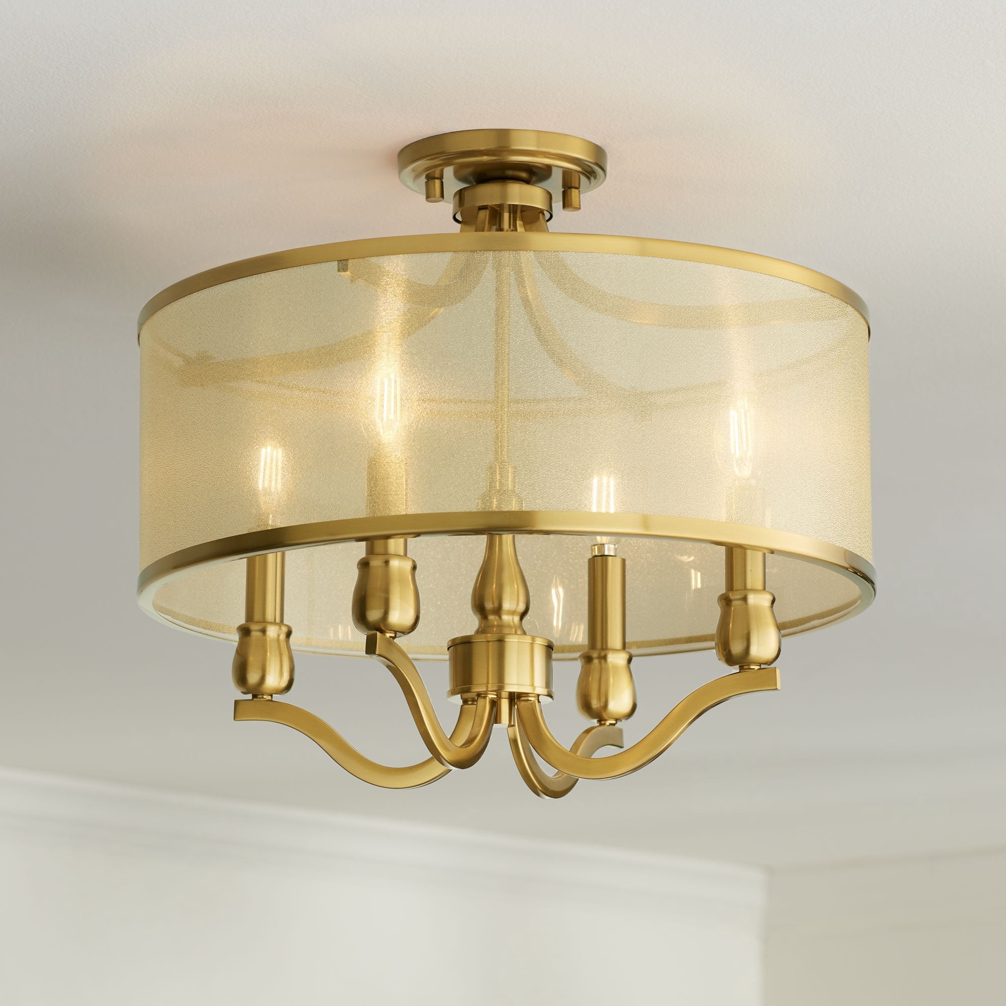 Possini Euro Design Nor Vintage Ceiling Light Semi Flush Mount Fixture 18" Wide Warm Antique Brass 4-Light Soft Gold Organza Drum Shade for Bedroom
