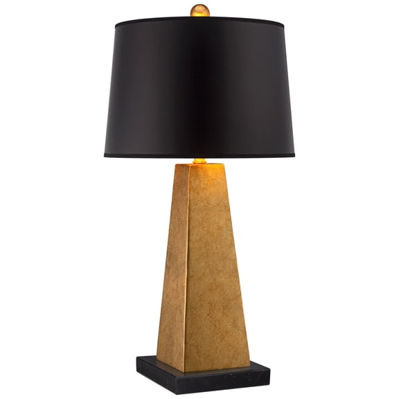 Possini Euro Design Obelisk Modern Table Lamp with Square Black Marble Riser 26" High Gold Leaf Drum Shade for Bedroom Living Room Bedside Home Kids