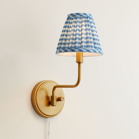 Possini Euro Design Ophelia 9 1/2"H Warm Brass Plug-In Wall Sconce Blue Plaid Shade