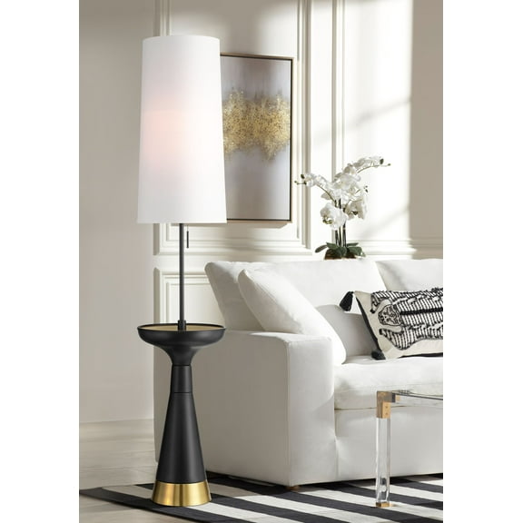 Possini Euro Design Otis Mid Century Modern 66" Tall Standing Floor Lamp Tray Table Pull Chain Black Gold Metal Living Room House