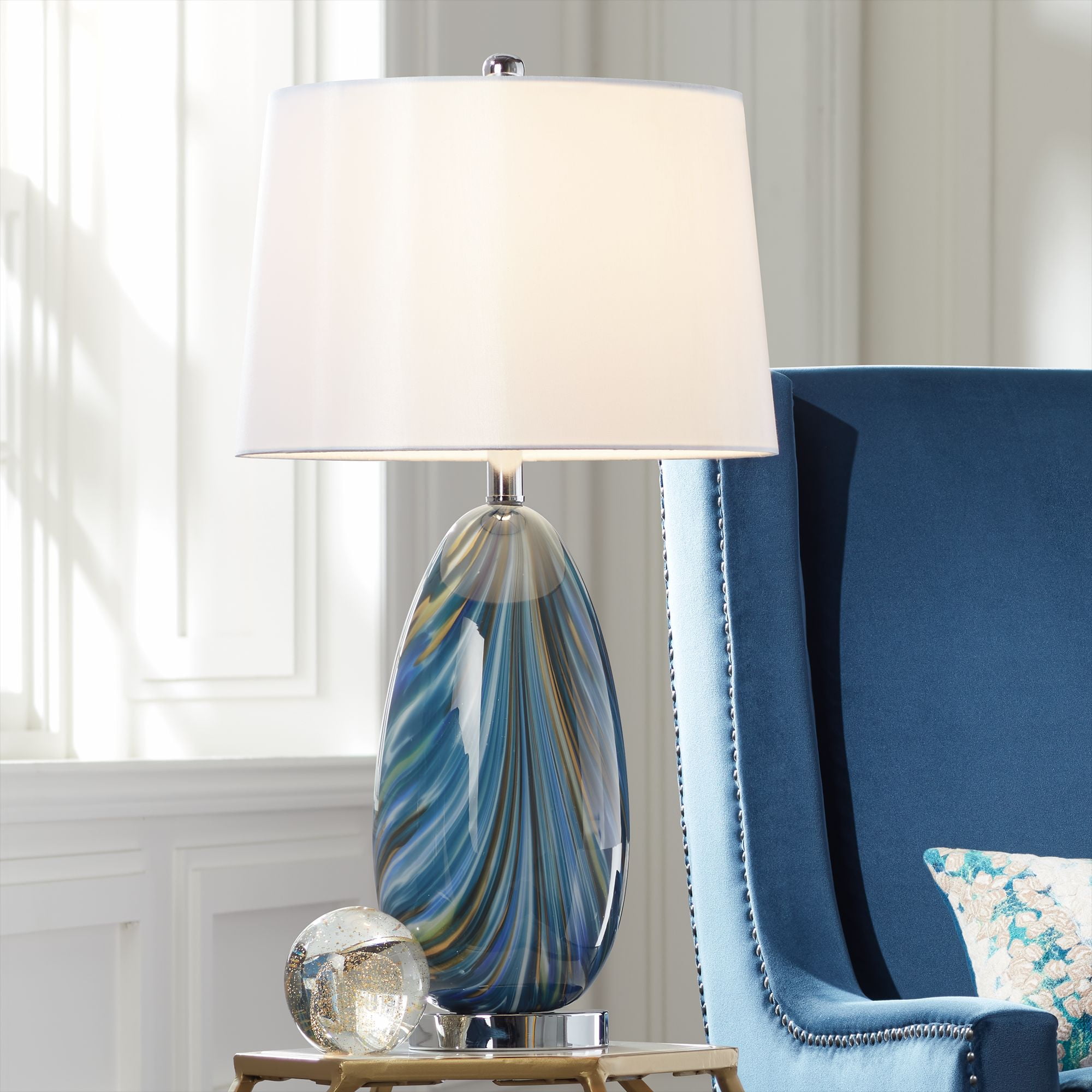 Blue Hand Blown Art Glass Table Lamp with White Shade