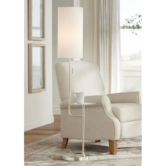 Possini Euro Design Piccolo Modern Floor Lamp with Tray Table 60 1/2" Tall Brushed Nickel White Cylinder Shade for Living Room Bedroom Office House