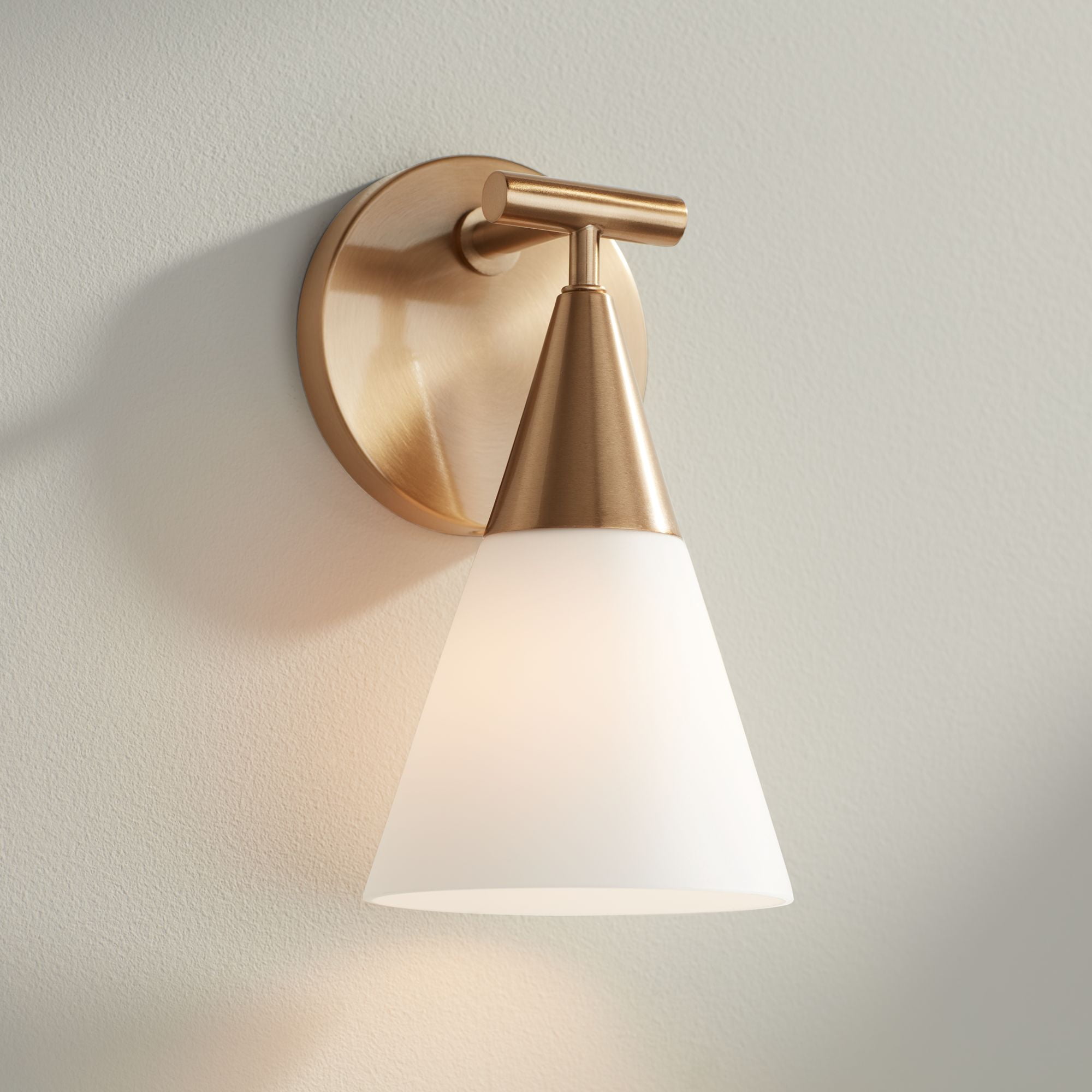 Warm Brass and Opal Glass Cone Shade Sconce