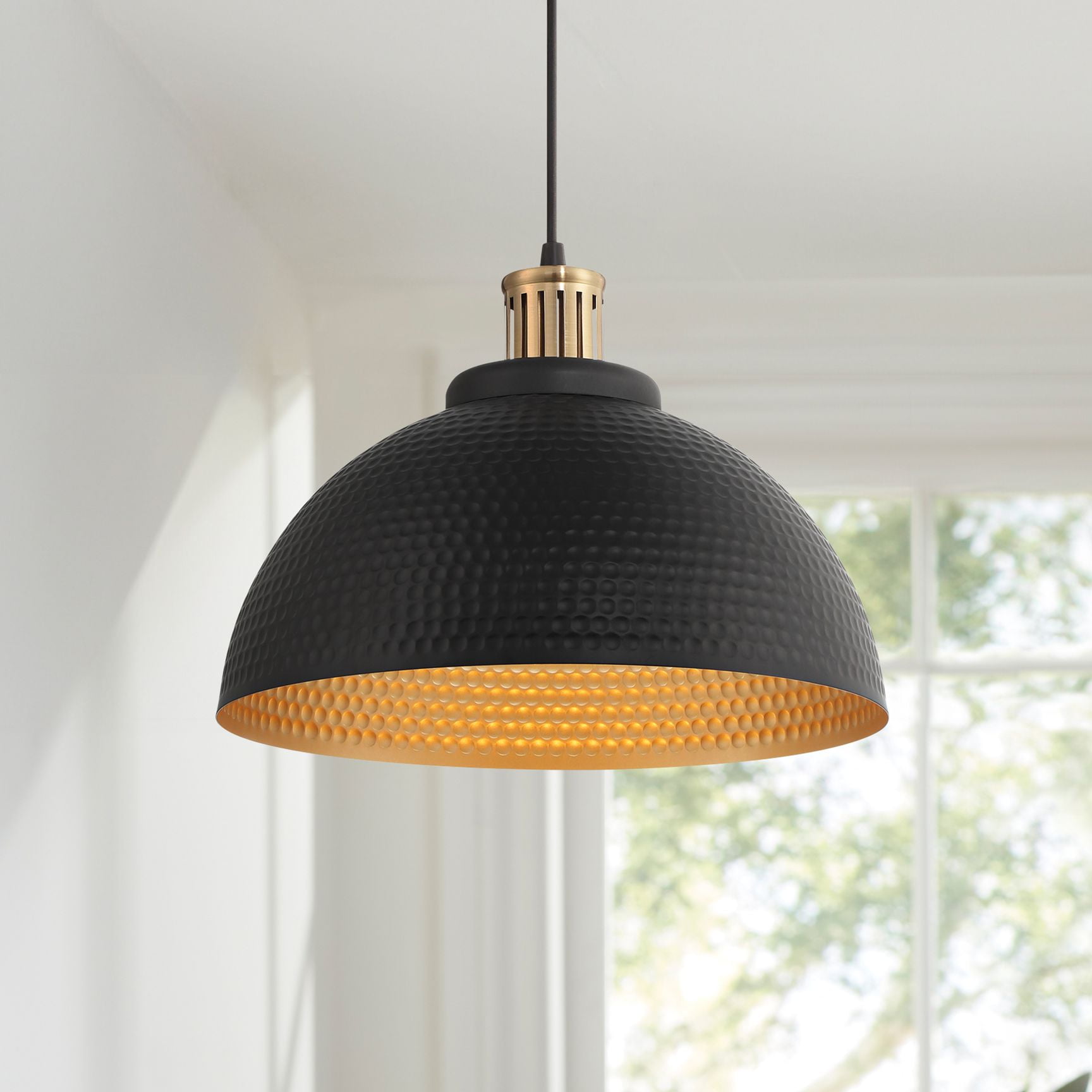 Black and Gold Metal Dome Pendant Light with LED Warm White