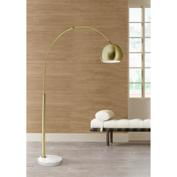 Possini Euro Design Basque Mid Century Modern 77 1/2" Tall Standing Floor Lamp Large Arc Gold White Marble Living Room Bedroom