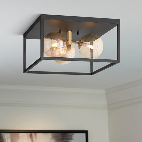 Possini Euro Design Garvin 14 1/2" Modern Flush-Mount Ceiling Light Fixture Kitchen Foyer Hallway 3-Light LED Dimmable Black Glass