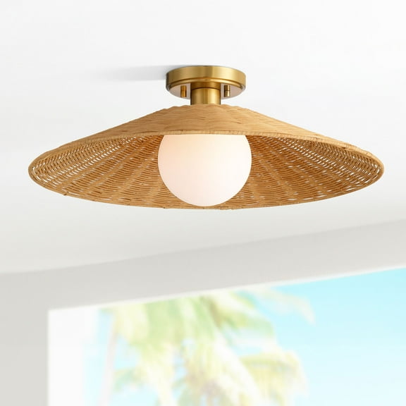 Possini Euro Design Gavin 22 3/4" Modern Coastal Semi Flush-Mount Ceiling Light Fixture Kitchen Foyer Hallway Brass Finish Rattan