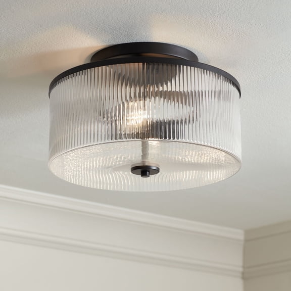 Possini Euro Design McKenzie 14" Modern 2-Light Semi Flush-Mount Ceiling Light Fixture Kitchen Foyer Drum Black Finish Ribbed Glass