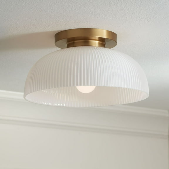 Possini Euro Design Novia 14" Modern Semi Flush-Mount Ceiling Light Fixture Kitchen Foyer Hallway Brass Finish White Glass Bedroom