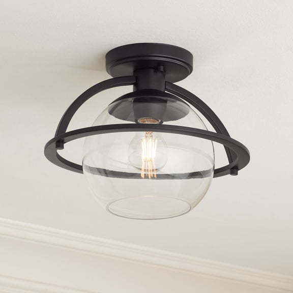 Possini Euro Design Oblys 12" Modern Semi Flush-Mount Ceiling Light Fixture Kitchen Foyer Hallway Round Black Finish Clear Glass