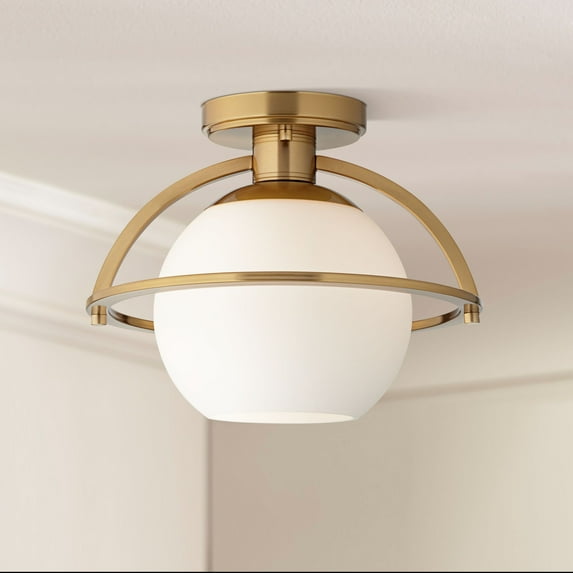 Possini Euro Design Oblys 12" Modern Semi Flush-Mount Ceiling Light Fixture Kitchen Foyer Round Warm Brass Finish White Glass