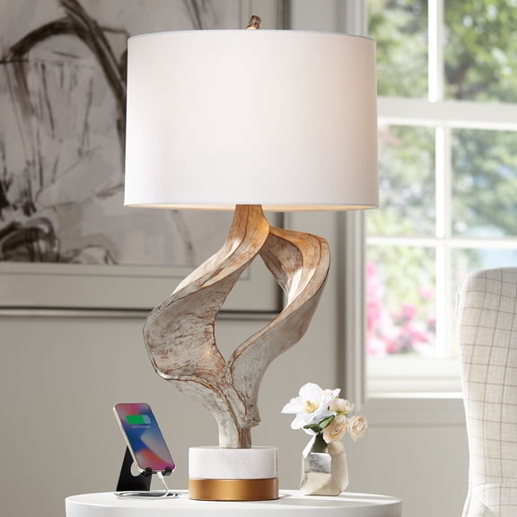 Possini Euro Design Reah 32 1/2" Tall Sculpture Large Modern End 3-Way Table Lamp USB Port Beige Finish Single Living Room Charging