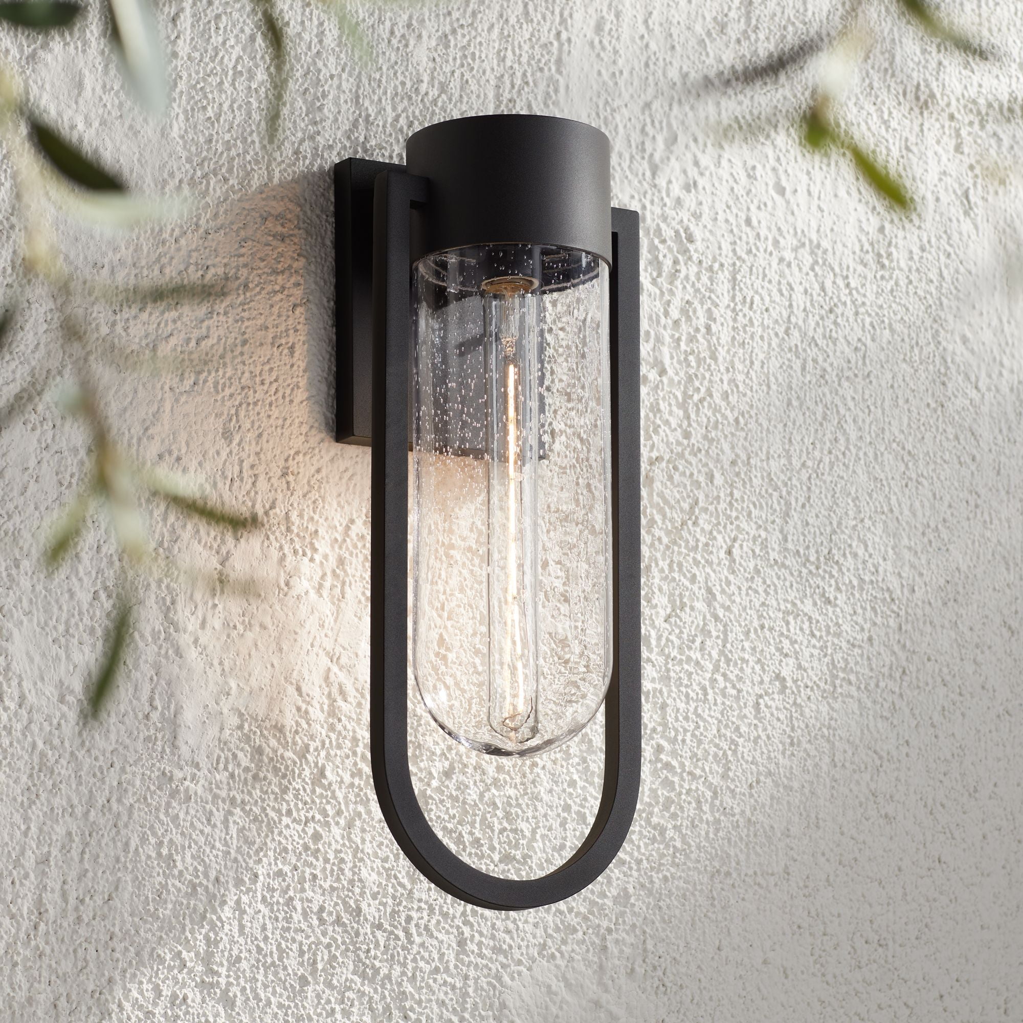 Possini Euro Design Villa Lane 18 1/2" High Modern Outdoor Wall Light Fixture Mount Porch Weatherproof Sand Black Glass Shade