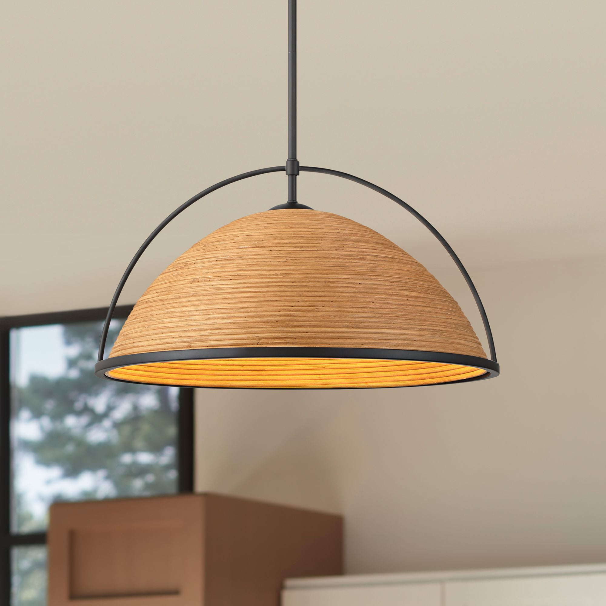 Black and Rattan Coastal 22" Bowl Pendant Light