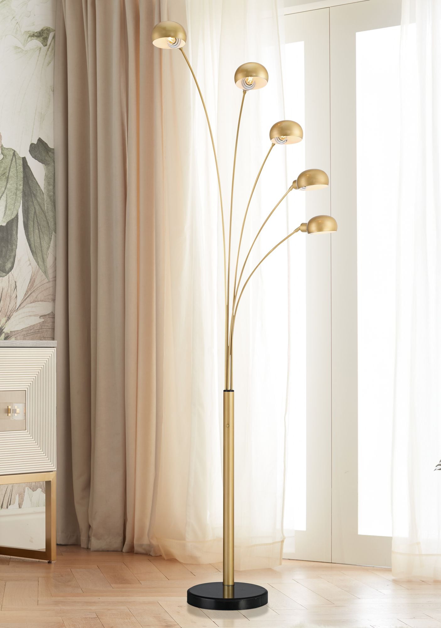 Possini Euro Design Infini Mid Century Modern 78" Tall Standing Floor Lamp Large Arc 5-Light Adjustable Gold Marble Brushed Brass Finish Living Room