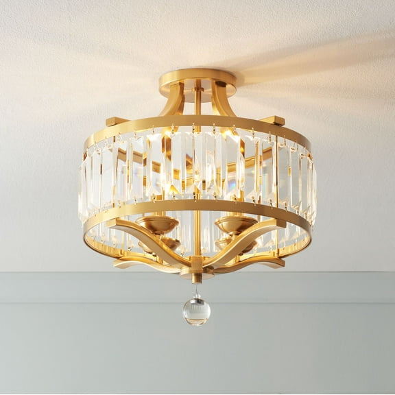 Possini Euro Design Prava 16 1/2" Traditional Semi Flush-Mount Ceiling Light Fixture Kitchen Foyer Drum Round Brass Finish Crystal
