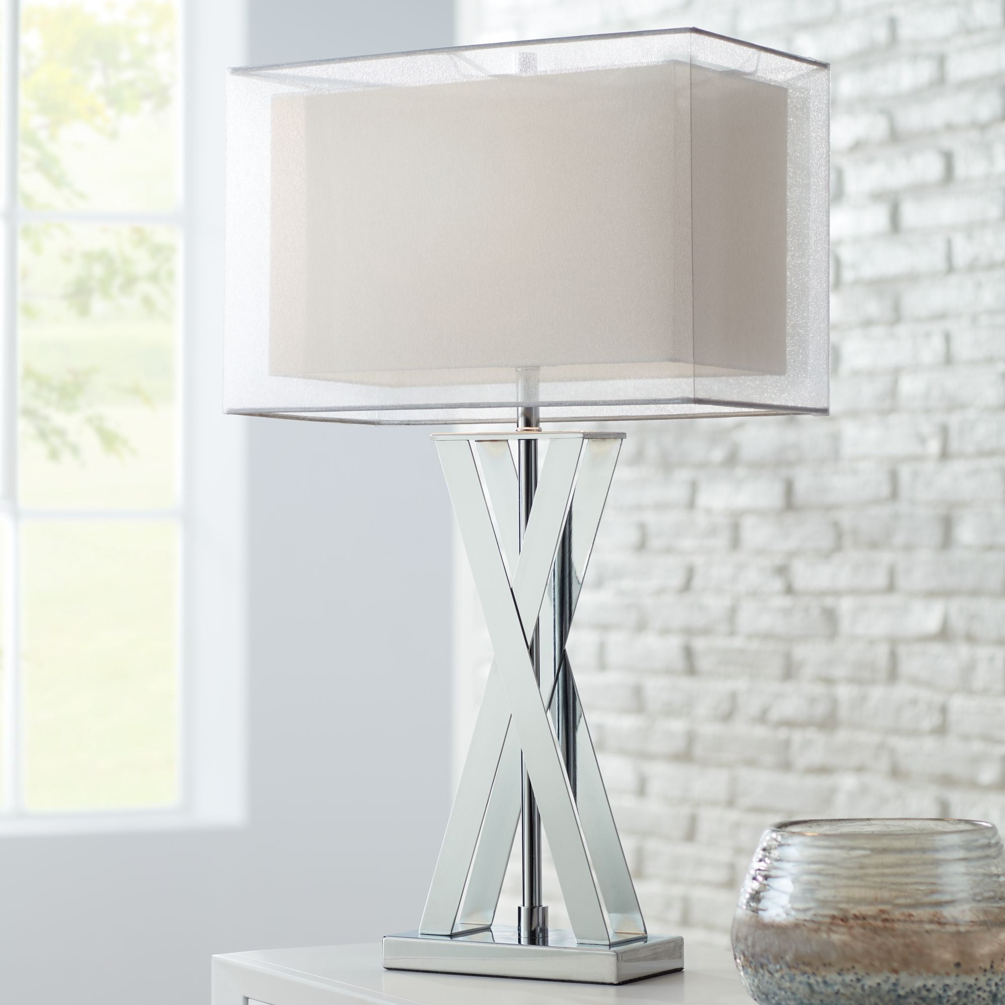 Proxima Chrome X-Shaped Base Table Lamp with White Fabric Shade