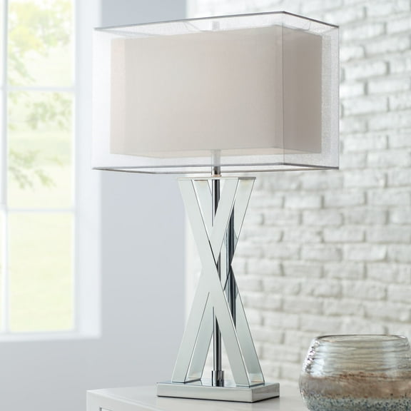 Possini Euro Design Proxima Modern Table Lamp 28" Tall Chrome Crisscrossing Metal Sheer Outer White Inner Rectangular Shade for Bedroom House Home