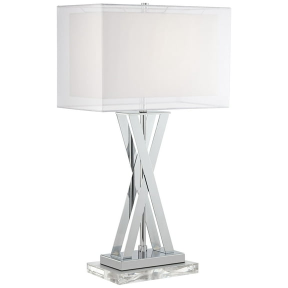 Possini Euro Design Proxima Modern Table Lamp with Acrylic Riser 28" Tall Chrome Sheer Outer White Inner Rectangular Shade for Bedroom Living Room
