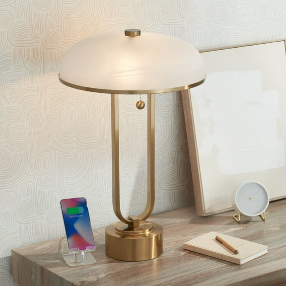 Possini Euro Design Ramses 25 1/2" High Modern Table Lamp USB Port AC Power Outlet Pull Chain Gold Metal White Alabaster Dome Shade Charging