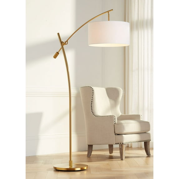 Possini Euro Design Raymond Modern Arc Floor Lamp 69" Tall Warm Gold Adjustable Boom Arm White Linen Drum Shade for Living Room Reading Office House