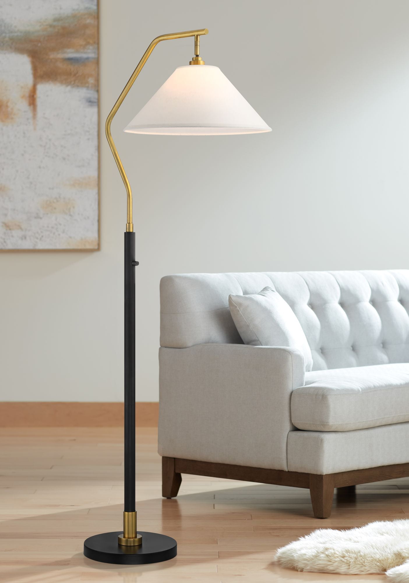 66" Black and Gold Arc Floor Lamp with White Fabric Shade