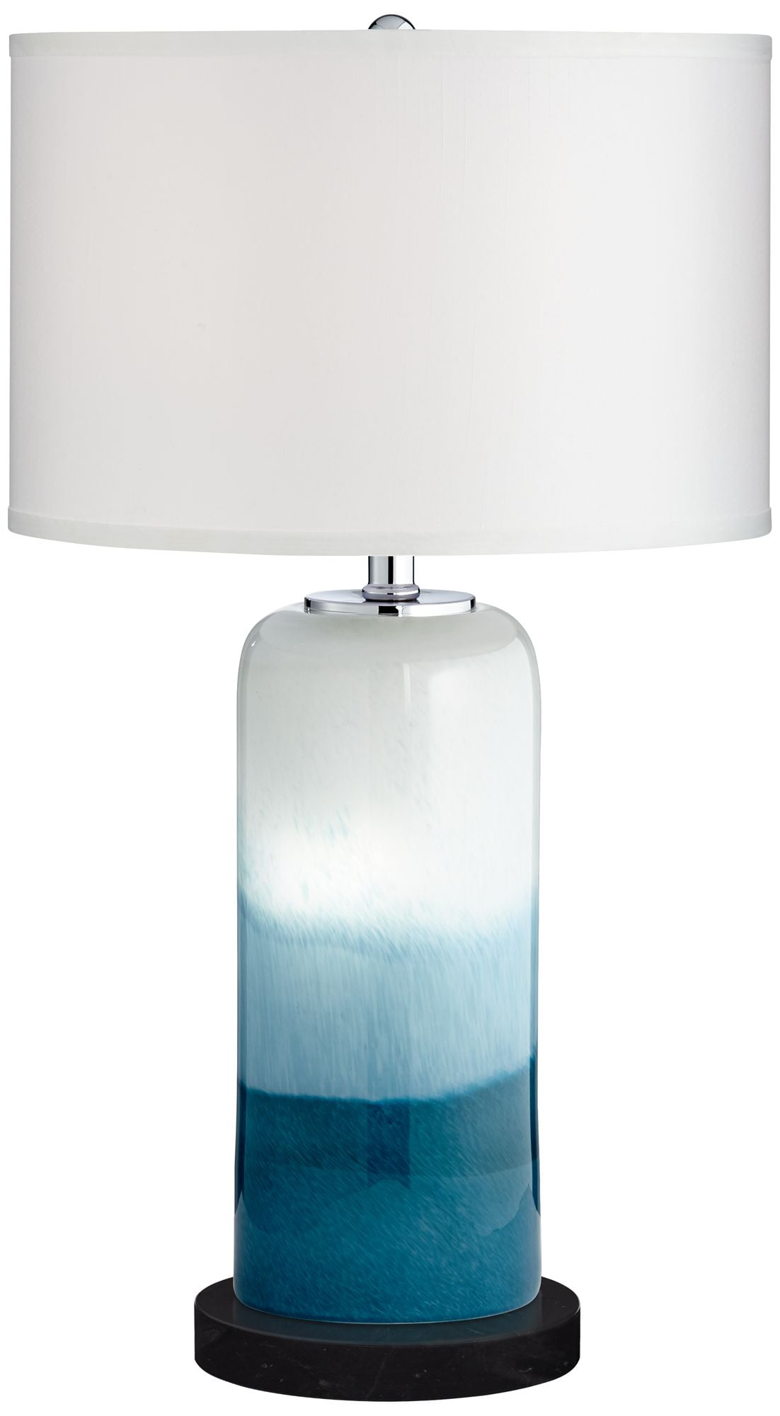 Possini Euro Design Roxanne Coastal Table Lamp with Round Black Riser 25 High Blue LED Nightlight White Drum Shade for Bedroom Living Room Bedside